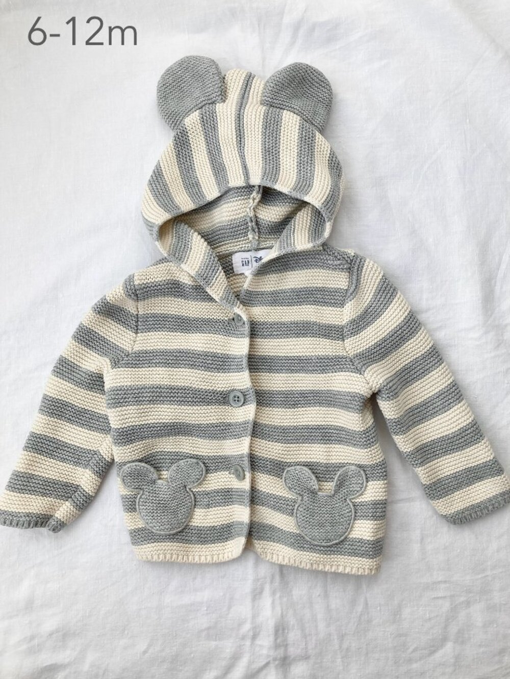 🪴5/$30 GAP 6-12 Months Baby Grey Stripe Disney Mickey Mouse Cotton Knit Jacket